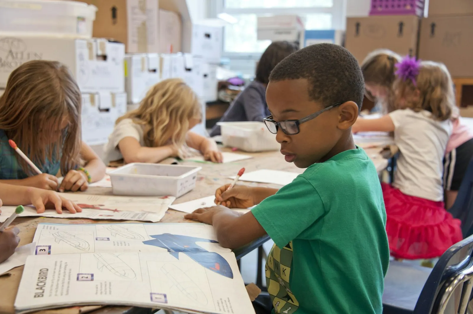Elementary students working at their desks